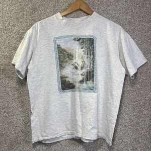 Vintage Oneita Carpe Diem Waterfall Shirt Mens Large Gray Nature Graphic 90s